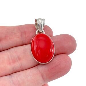 Vintage Sterling Silver 925 Red Glass Oval Cabochon Pendant